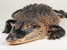 American Alligator rests against a white background its textured skin and visible teeth highlighted by dramatic side lighting showcasing its formidable presence. photo