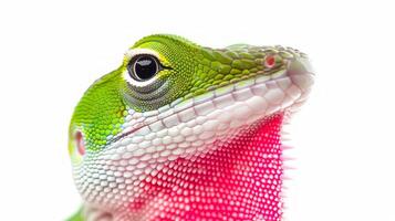 striking close up features green anole lizard with prominent pink dewlap perched against pure white background illuminated soft high key lighting. photo