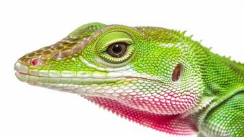 green anole lizard is perched gracefully displaying its colorful pink dewlap. This high key lighting emphasizes its bright scales and intricate details creating a striking portrait. photo