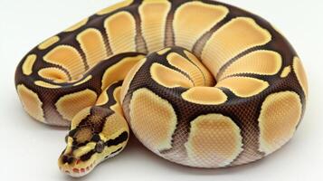 Ball Python is gracefully curled up revealing intricate pattern of brown and yellow markings on a soft white background highlighted by soft even lighting. photo