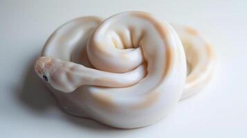 ball python known for smooth scales and distinctive brown markings is curled up on soft white surface captured in gentle lighting that highlights its features. photo
