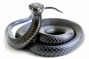 elegant Black Mamba reveals its smooth grey scales as it stretches out fully. This snake showcases its impressive form highlighting its agile nature against a stark white backdrop. photo