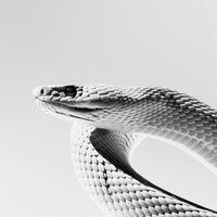 sleek Black Mamba lies stretched out against a pure white backdrop highlighting its graceful curves and detailed scale patterns under dramatic lighting. photo