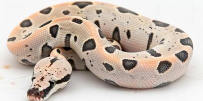 Black headed Python rests in a coiled position showcasing its striking dark head and patterned body against a clean white backdrop illuminated evenly. photo