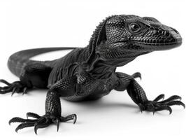 striking Black Tree Monitor lizard with sleek black scales is climbing elegantly bright white surface revealing its unique texture and form through macro details. photo