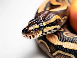 This striking specimen features a dark head and unique patterned body coiled gracefully against a bright white background showcasing its natural beauty and detail. photo