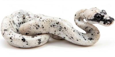 Black headed Python is coiled and isolated against a white background revealing its striking dark head and beautifully patterned body with even studio lighting. photo