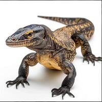 Black throated Monitor lizard with striking dark scales is moving forward against a white backdrop showcasing its unique features in detail. photo