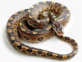 This Black headed Python is coiled gracefully against a white background highlighting its dark head and striking body pattern illuminating the beauty of reptiles in macro detail. photo