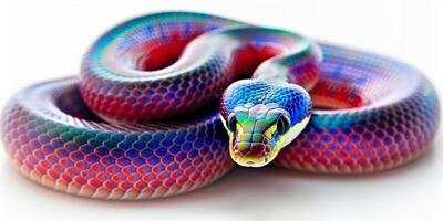 Brazilian Rainbow Boa rests in coiled position revealing its stunning iridescent scales under soft shadows on a clean white background highlighting vivid colors beautifully. photo