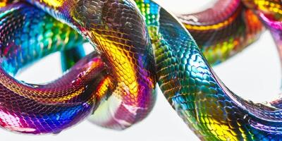 stunning Brazilian Rainbow Boa displays its vibrant iridescent scales while coiled in a natural pose. The soft shadows enhance the intricate patterns along its body. photo