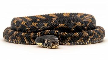 large non venomous bullsnake is elegantly coiled displaying its distinctive patterned scales and vibrant colors in bright lighting on a white backdrop. photo