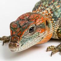 Caiman Lizard showcases its unique features displaying a bright red head and colorful green body while resting against a white background. The soft lighting highlights its intricate textures. photo