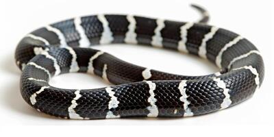 California Kingsnake is coiled in a relaxed position showcasing its distinctive black and white bands under even lighting for detailed observation. photo