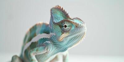 striking chameleon forest dragon with unique spiny crest rests gracefully against a soft white backdrop displaying vivid colors and intricate patterns characteristic of the species. photo