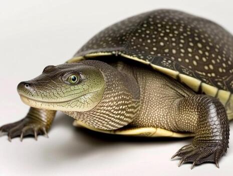Chinese Softshell Turtle lies peacefully against white background highlighting its leathery shell and textured skin providing a clear view of its characteristics and beauty. photo