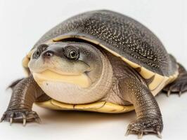 Chinese Softshell Turtle displays unique leathery shell and gentle features while lying down on a smooth white surface showcasing its natural beauty and calm demeanor. photo
