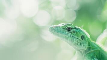 Chinese Water Dragon showcases its striking green scales while perched calmly against white backdrop highlighting its detailed textures and unique features in soft shadows. photo