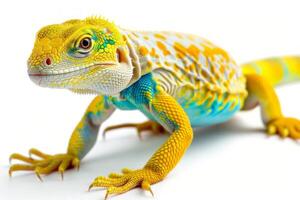 striking Common Collared Lizard exhibits bright colors and intricate patterns while standing against a white background showcasing its beauty and detail. photo