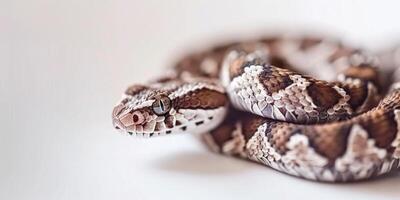 Common European Viper lies still showcasing its distinct zigzag patterns against a clean white backdrop highlighting its scale texture and features. photo