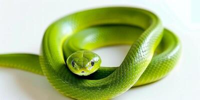 slender Common Green Snake is elegantly coiled showcasing its vibrant green scales against a bright white background. The lighting highlights its sleek form and texture. photo