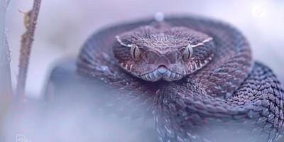 Common European Viper lies motionless showcasing its distinctive zigzag patterns on a smooth white surface. The soft shadows enhance the details of its textured scales. photo