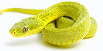 Common Green Snake rests in a graceful coil against a bright white background showcasing its vibrant green scales and slender body under perfect lighting. photo