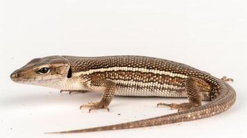Common Worm Lizard seen burrowing into ground its legless body blending into the white background highlighted by bright lighting that emphasizes its features. photo