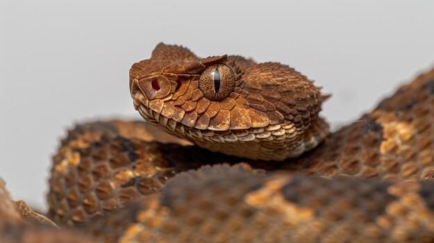 The striking Copperhead Snake known for its distinctive copper hues is beautifully coiled while showcasing intricate scale patterns under dramatic side lighting. photo