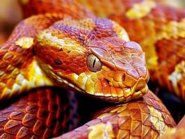 This striking Copperhead Snake showcases its vibrant copper colored scales while coiled in a relaxed position. The dramatic side lighting enhances its textures and features. photo