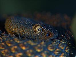 This striking Copperhead snake showcases its copper colored scales while coiled in a vivid display against a white backdrop. The use of side lighting highlights its unique texture and features. photo
