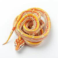 corn snake displays stunning orange and red patterns while coiled loosely on a white background showcasing its beautiful scales and texture in even lighting. photo