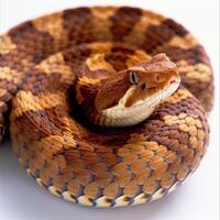 Copperhead Snake is coiled and positioned prominently with its distinctive copper colored scales illuminated by dramatic side lighting set against a pristine white background. photo