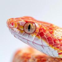 Corn Snake is coiled loosely displaying its striking orange and red patterns. The detailed texture of its scales is highlighted by soft even lighting capturing its beauty. photo