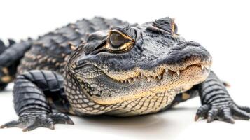 Cuban crocodile is lying down on a white background allowing a close up view of its rough skin and distinctive features in soft shadows. photo