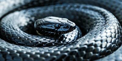 The fierce Cottonmouth Snake is seen coiled its glossy dark scales illuminated dramatically. The stark white background enhances the striking details of this venomous reptile. photo