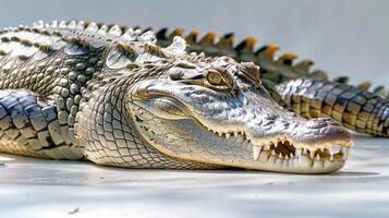 Cuban crocodile lies motionless displaying intricate textures and colors of its rough skin against a white background emphasizing its unique features and natural beauty. photo