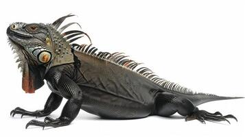 Cuban Rock Iguana displays its impressive rough scales and prominent crest while standing alertly against a clean white backdrop. The studio lighting highlights its unique features. photo