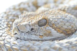 Desert Horned Viper characterized by its distinct horns above the eyes is coiled gracefully. Soft lighting highlights the intricate patterns on its scales showcasing natures artistry. photo
