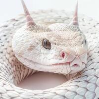 Desert Horned Viper with striking horns is coiled in a seamless white setting. The snake highlights its textured scales and unique features emphasizing the beauty of reptiles. photo