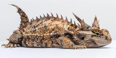 Desert Horned Lizard showcases its unique spiky scales while resting on a plain white background highlighted by even studio lighting for clarity and detail. photo