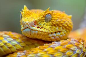 Desert Horned Viper coiled and isolated against a white background revealing its intricate patterns and characteristic horns above its striking eyes in soft light. photo