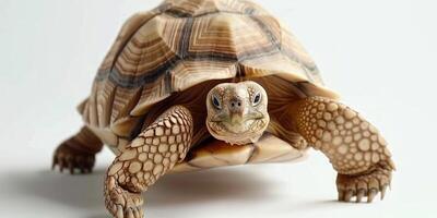 Desert Tortoise is steadily advancing its unique domed shell clearly visible against a bright white backdrop showcasing its natural features and textures. photo
