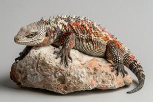 Desert Spiny Lizard displays vibrant spiny scales while perched gracefully on a rugged rock in a well lit environment showcasing its unique features in detail. photo