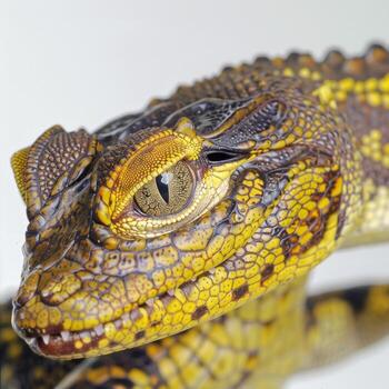 This striking Dwarf Caiman rests in isolation on a white background emphasizing its textured skin and intricate patterns. photo