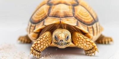 desert tortoise with a distinct domed shell is slowly advancing showcased against a bright clean white backdrop. The focus emphasizes its unique textures and patterns. photo