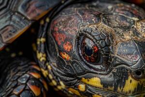 vibrant Eastern Box Turtle displays intricate patterns on its shell while remaining stationary against a clean white backdrop highlighting its unique features. photo