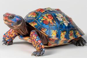 Eastern Box Turtle remains stationary against a white background highlighting its colorful shell covered in intricate patterns. Soft lighting enhances this beautiful reptile. photo