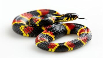 This striking Eastern Coral Snake displays vivid red yellow and black bands as it moves elegantly on a clean bright surface showcasing its unique coloration and texture. photo