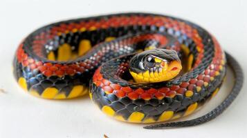 An Eastern Coral Snake displays its vivid bands of red yellow and black as it moves smoothly across a bright white surface emphasizing its intricate patterns and colors. photo